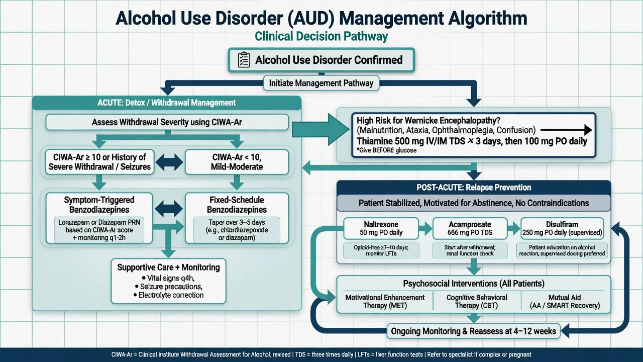 Alcohol use disorder management algorithm with acute detox CIWA-Ar benzodiazepines thiamine pathway and post-acute naltrexone acamprosate disulfiram plus psychosocial care