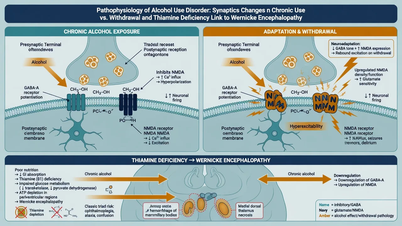 Synaptic diagram of chronic alcohol GABA facilitation and NMDA inhibition versus withdrawal hyperexcitability with upregulated NMDA and thiamine deficiency pathway to Wernicke