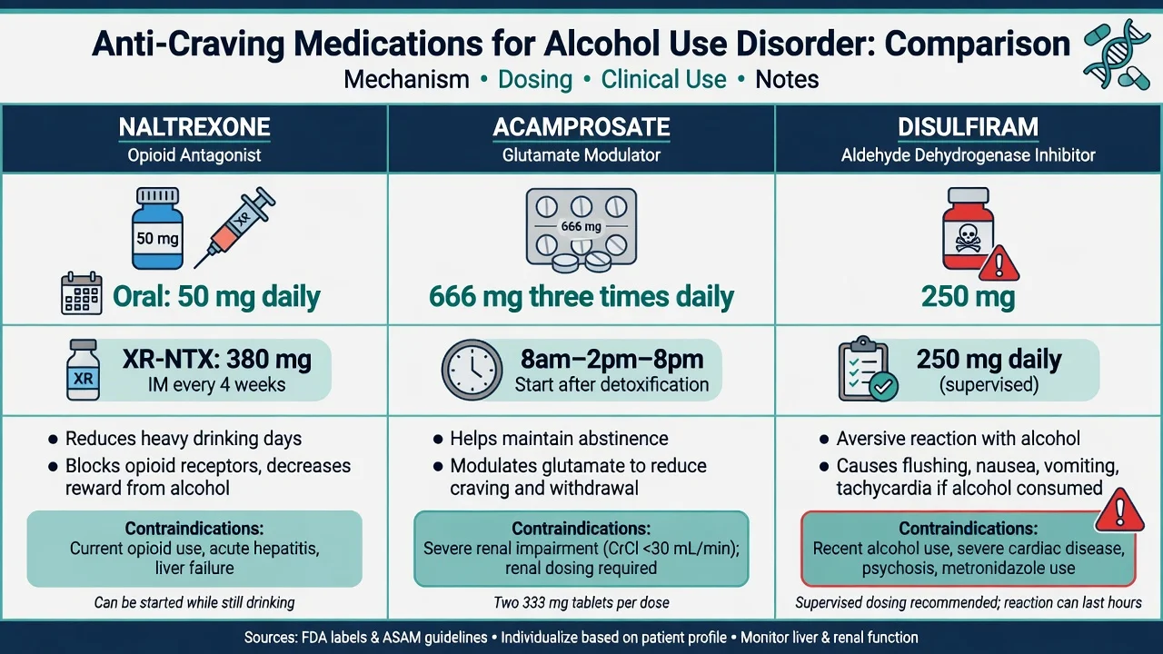 Comparison of naltrexone acamprosate and disulfiram mechanisms dosing and contraindications for alcohol use disorder