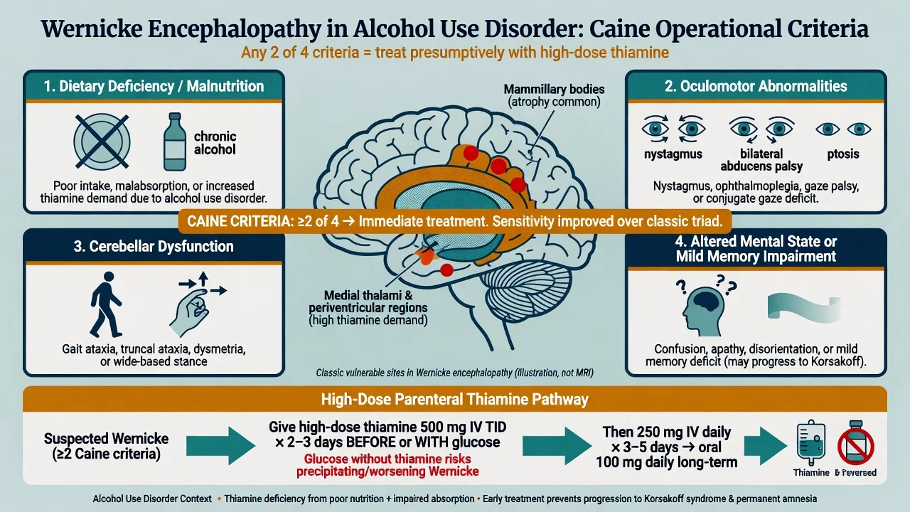 Caine operational criteria four domains for Wernicke encephalopathy with brain illustration of mammillary bodies and high-dose parenteral thiamine pathway