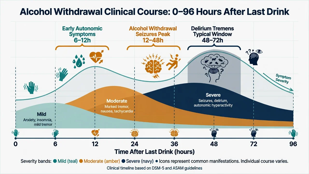 Alcohol withdrawal clinical course graph from 0 to 96 hours after last drink showing early autonomic symptoms seizures peak and delirium tremens window