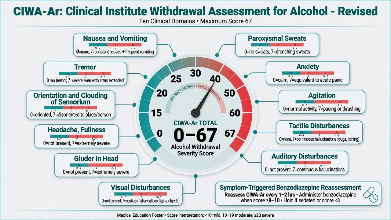 CIWA-Ar ten clinical domains arranged around a central score gauge from 0 to 67 for alcohol withdrawal severity