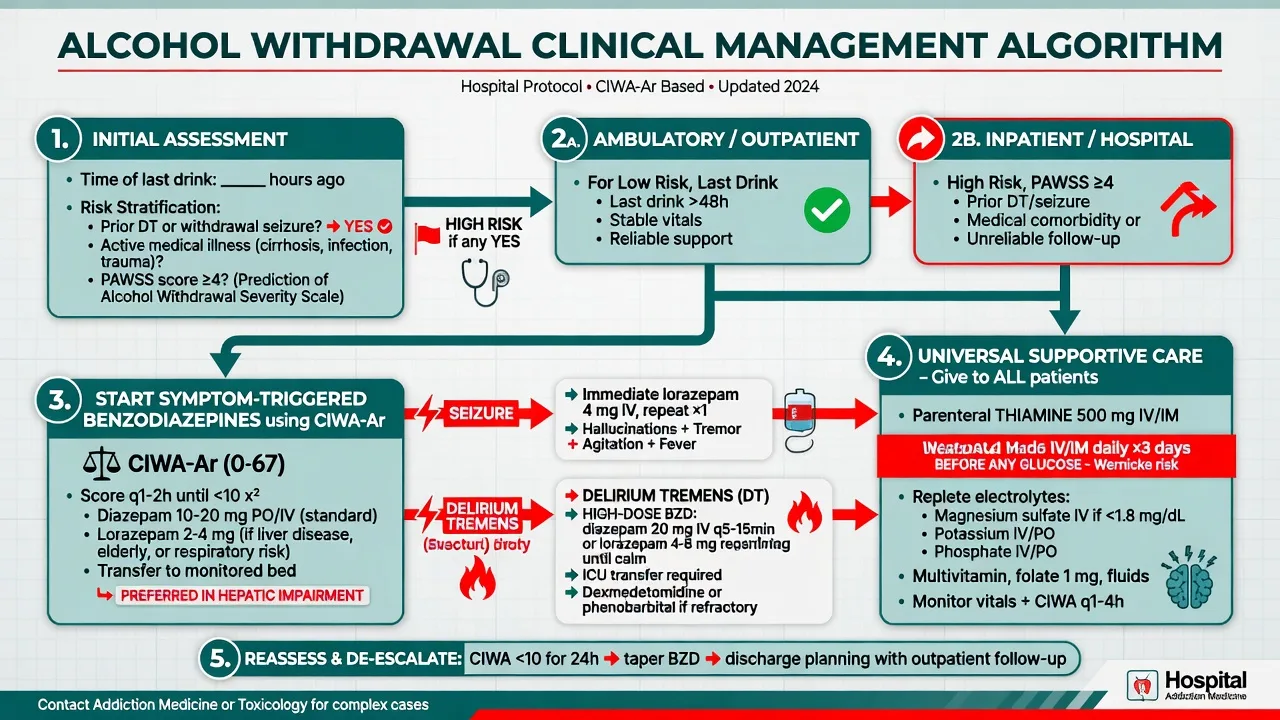 Clinical algorithm for alcohol withdrawal from risk stratification through ambulatory versus inpatient paths, CIWA-guided benzodiazepines, seizure and DT branches, and universal thiamine and electrolyte care