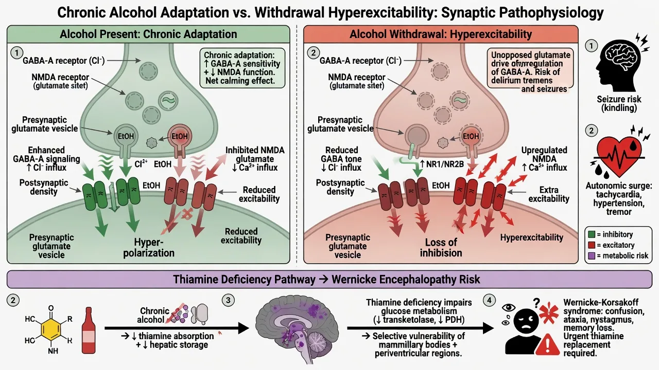 Synaptic diagram comparing chronic alcohol GABA facilitation and NMDA inhibition with withdrawal hyperexcitability and thiamine deficiency pathway to Wernicke