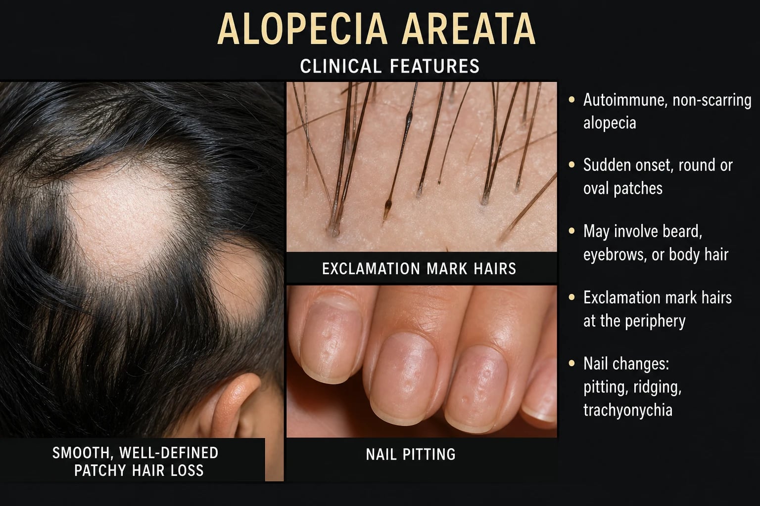 Trichoscopic image showing yellow dots, black dots, exclamation-mark hairs and short broken hairs in active alopecia areata