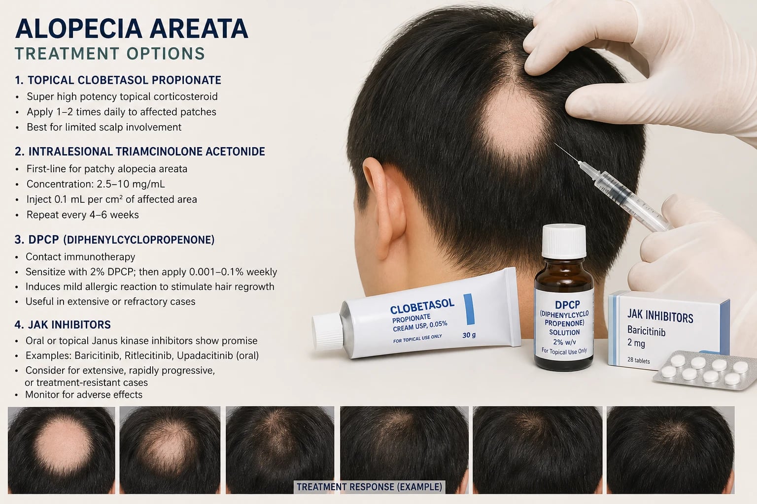 Stepwise treatment algorithm for alopecia areata from topical and intralesional therapy through contact immunotherapy to oral JAK inhibitors