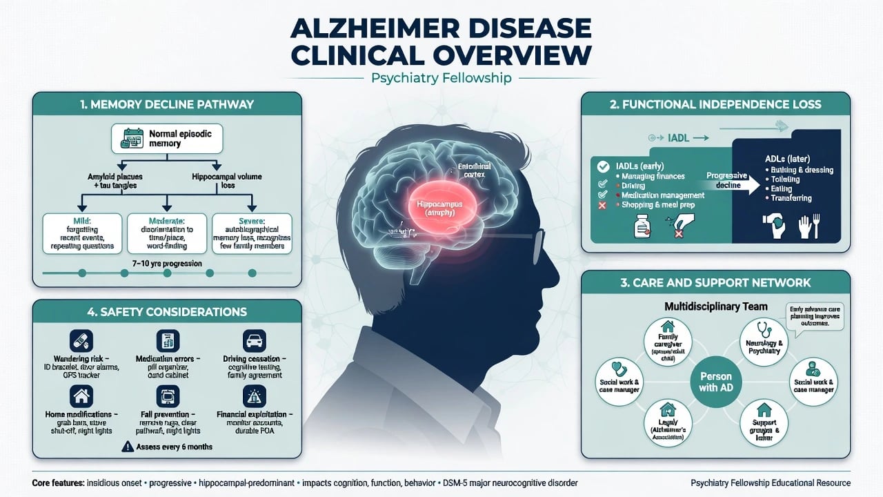 Educational overview of Alzheimer disease highlighting memory decline, functional independence, care network, and safety