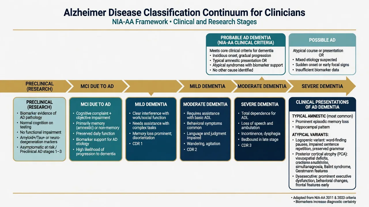 Educational pathophysiology diagram of amyloid plaques, tau tangles, cholinergic degeneration, synaptic failure, and ATN biomarker groups