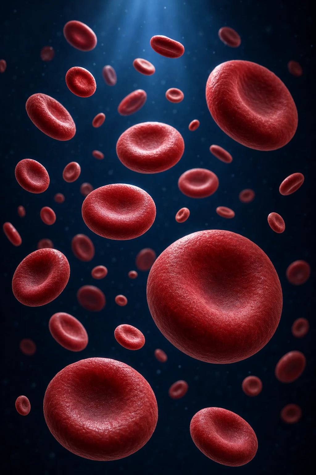 Educational illustration showing red blood cells of varying morphology - small pale microcytes, normal biconcave cells, large macro-ovalocytes, alongside a bone marrow and laboratory blood film