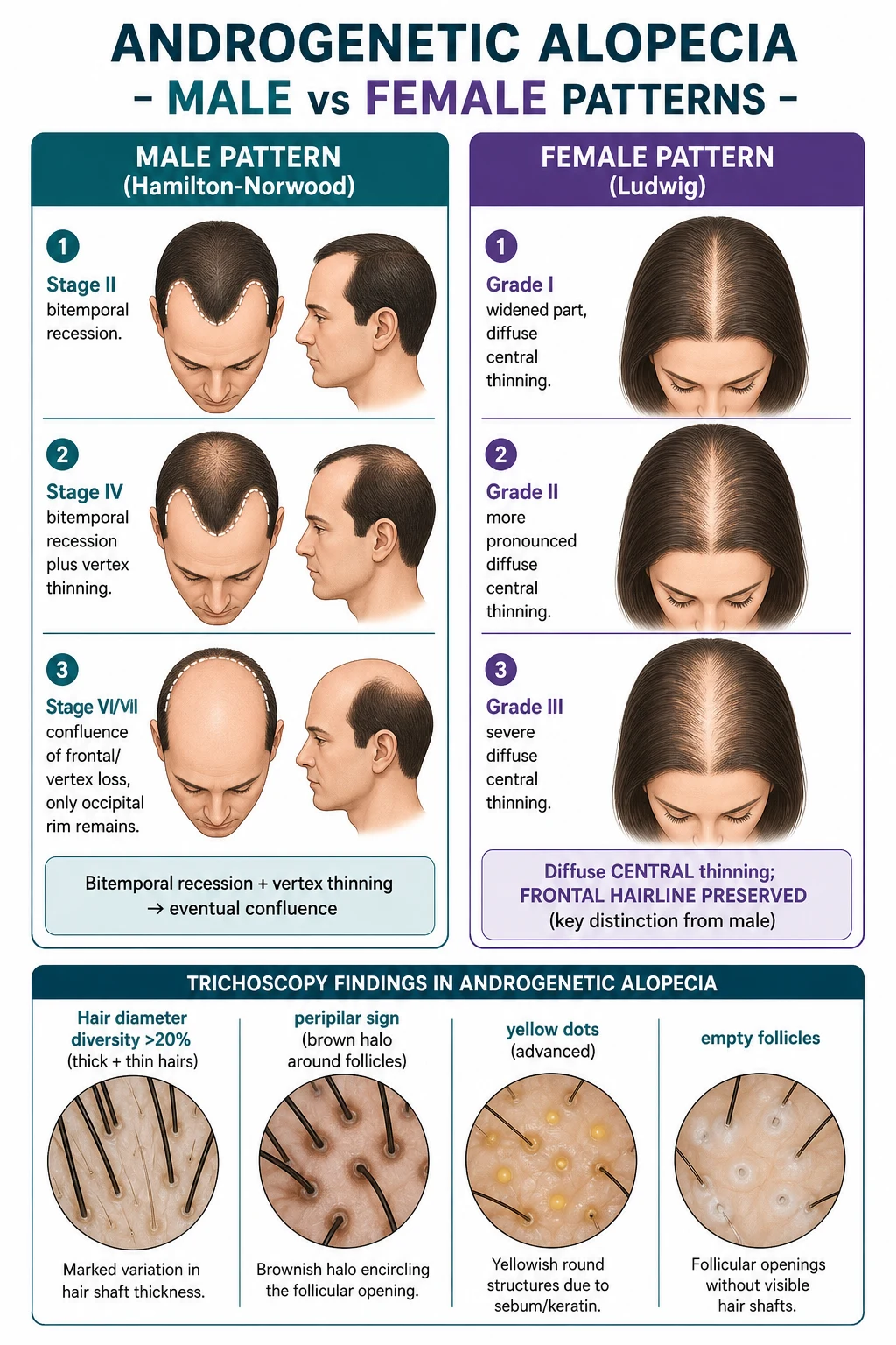 Male pattern (Hamilton-Norwood: bitemporal recession + vertex thinning to confluence) versus female pattern (Ludwig: diffuse central thinning with frontal hairline preserved); Olsen Christmas-tree variant shows frontal accentuation