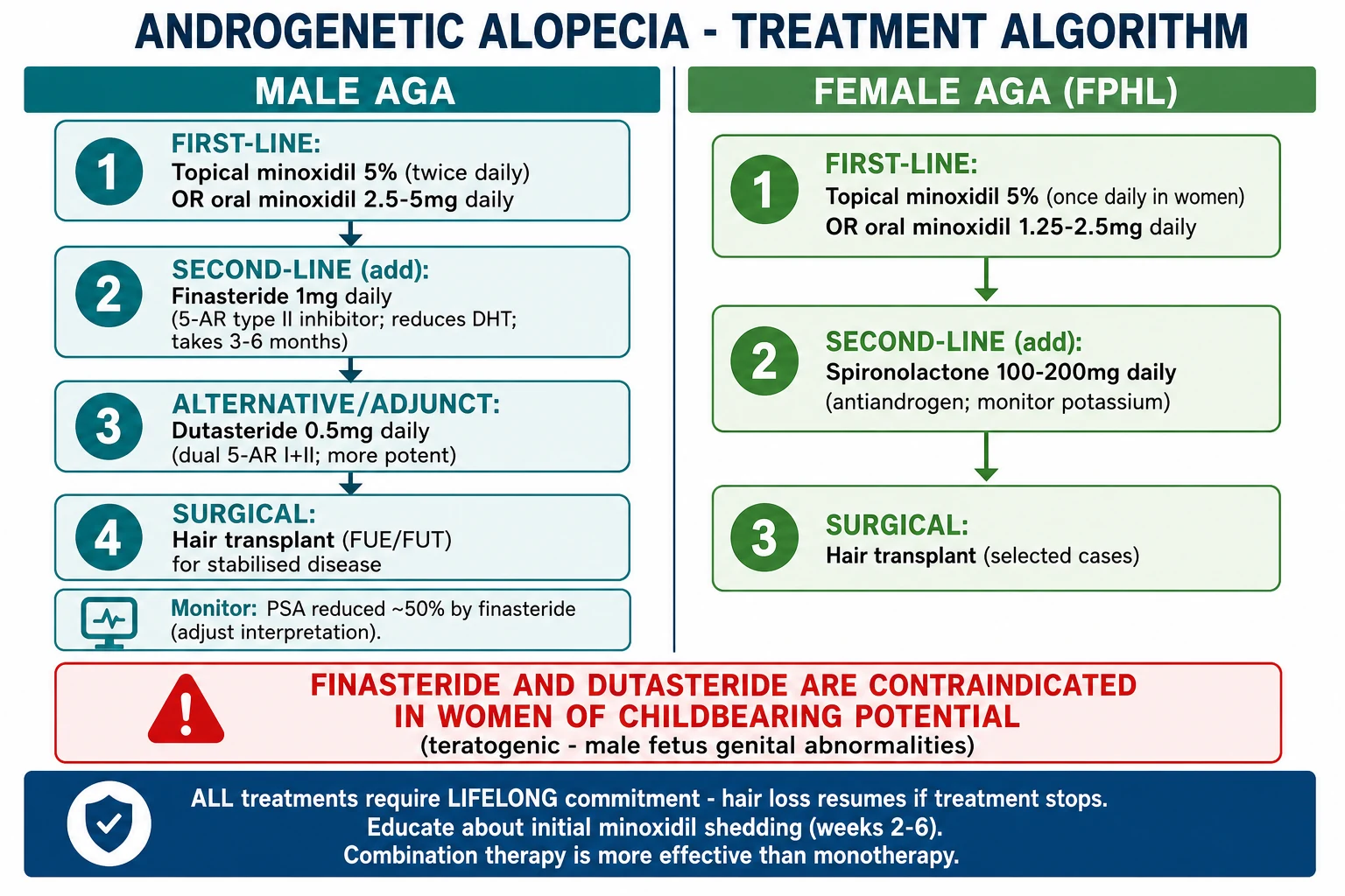 Treatment algorithm for AGA: Minoxidil (topical 5% in both sexes; oral low-dose off-label) → 5-alpha-reductase inhibitors in MEN (finasteride 1 mg/day type II; dutasteride 0.5 mg/day type I+II) → antiandrogens in WOMEN (spironolactone 100-200 mg/day; or bicalutamide / flutamide / oral contraceptive with antiandrogenic progestin); adjuncts (PRP, microneedling, LLLT, ketoconazole shampoo); hair transplantation (FUE/FUT) for stabilised disease; finasteride and dutasteride CONTRAINDICATED in women of childbearing potential