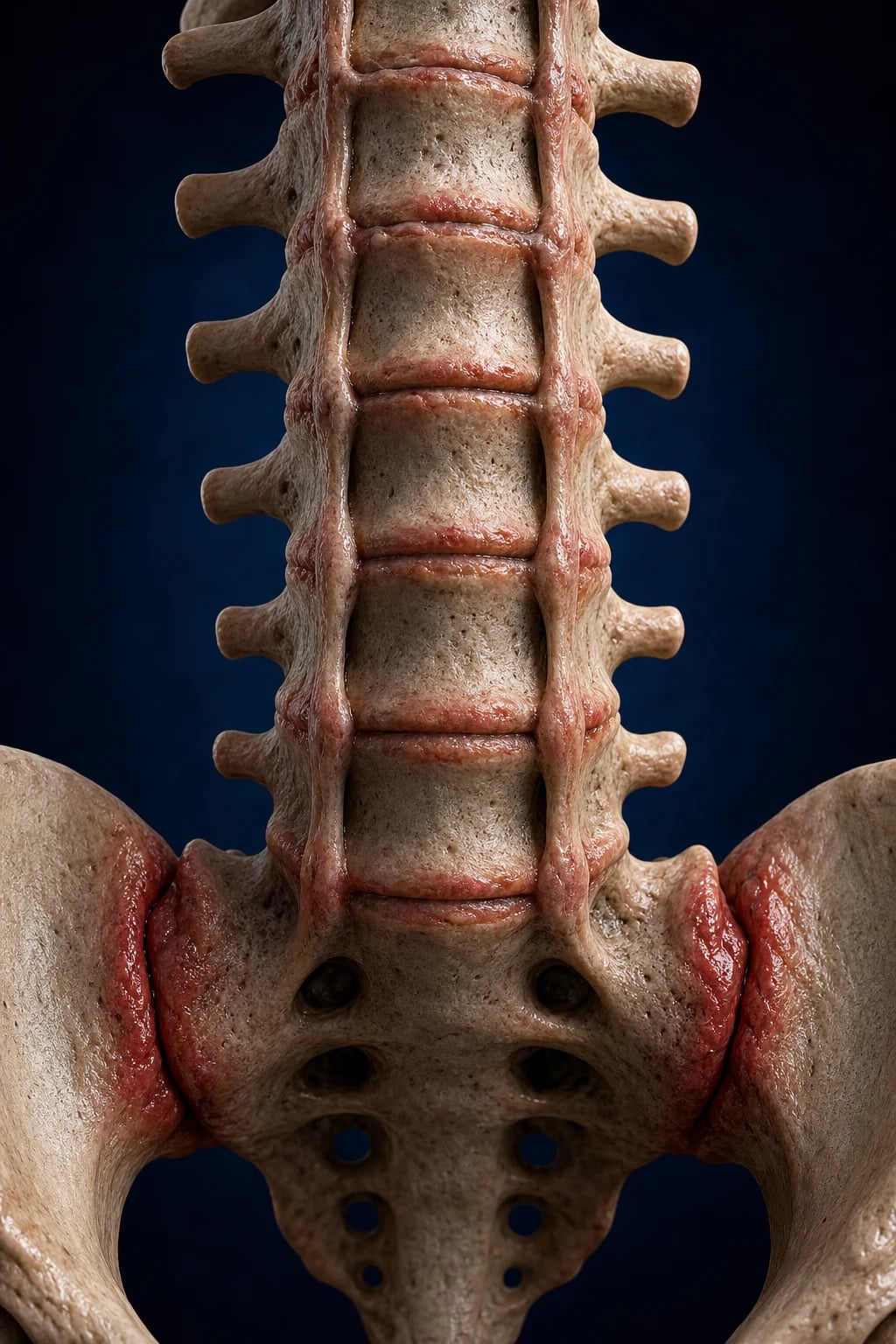 Ankylosing spine with bridging syndesmophytes forming a bamboo appearance, fused sacroiliac joints, enthesitis at the Achilles insertion, anterior uveitis in one eye, aortic valve regurgitation