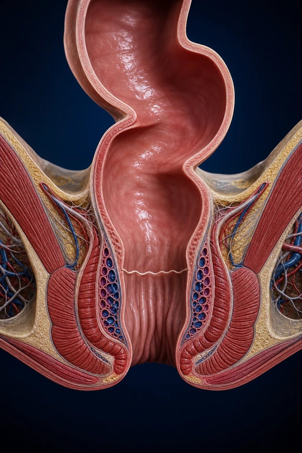 Anatomy of the anal canal showing dentate line, internal and external sphincters, anal glands and common anorectal conditions.