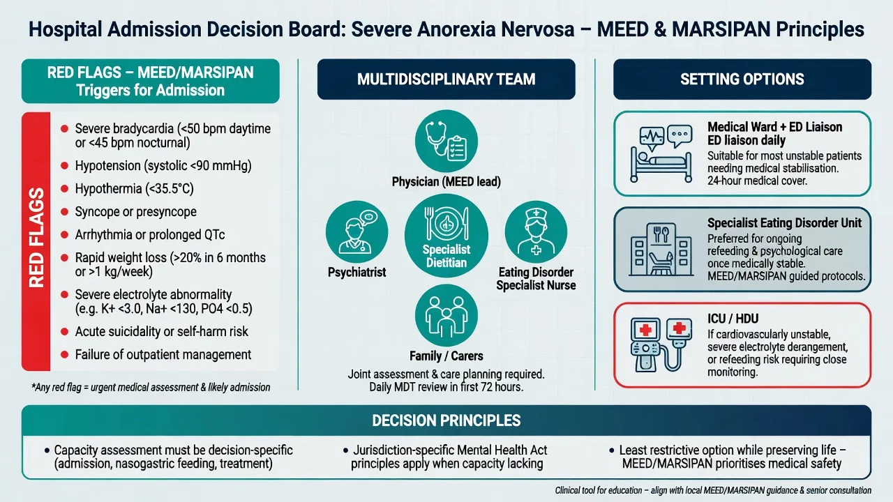Hospital admission decision board with MEED and MARSIPAN red flags, multidisciplinary team, and setting options