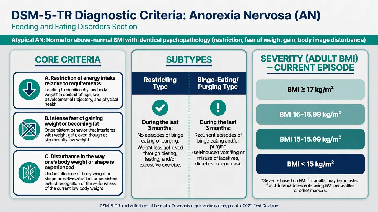 DSM-5-TR anorexia nervosa core criteria, subtypes, and adult BMI severity bands
