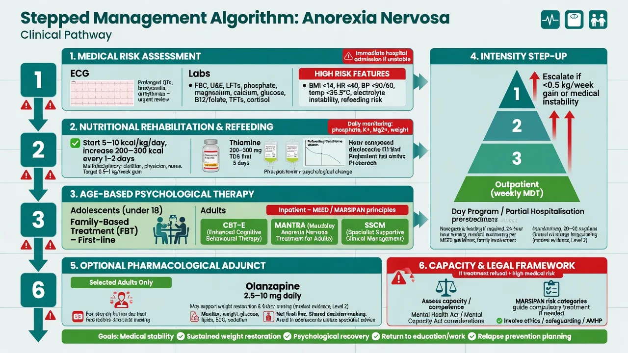 Stepped management algorithm for anorexia nervosa from medical risk assessment through nutrition, age-based therapy, intensity step-up, optional olanzapine, and capacity framework