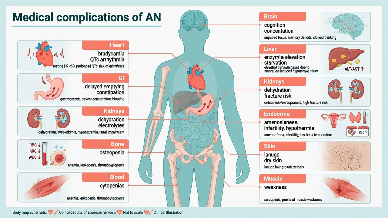 Body-map schematic of multi-system medical complications of anorexia nervosa