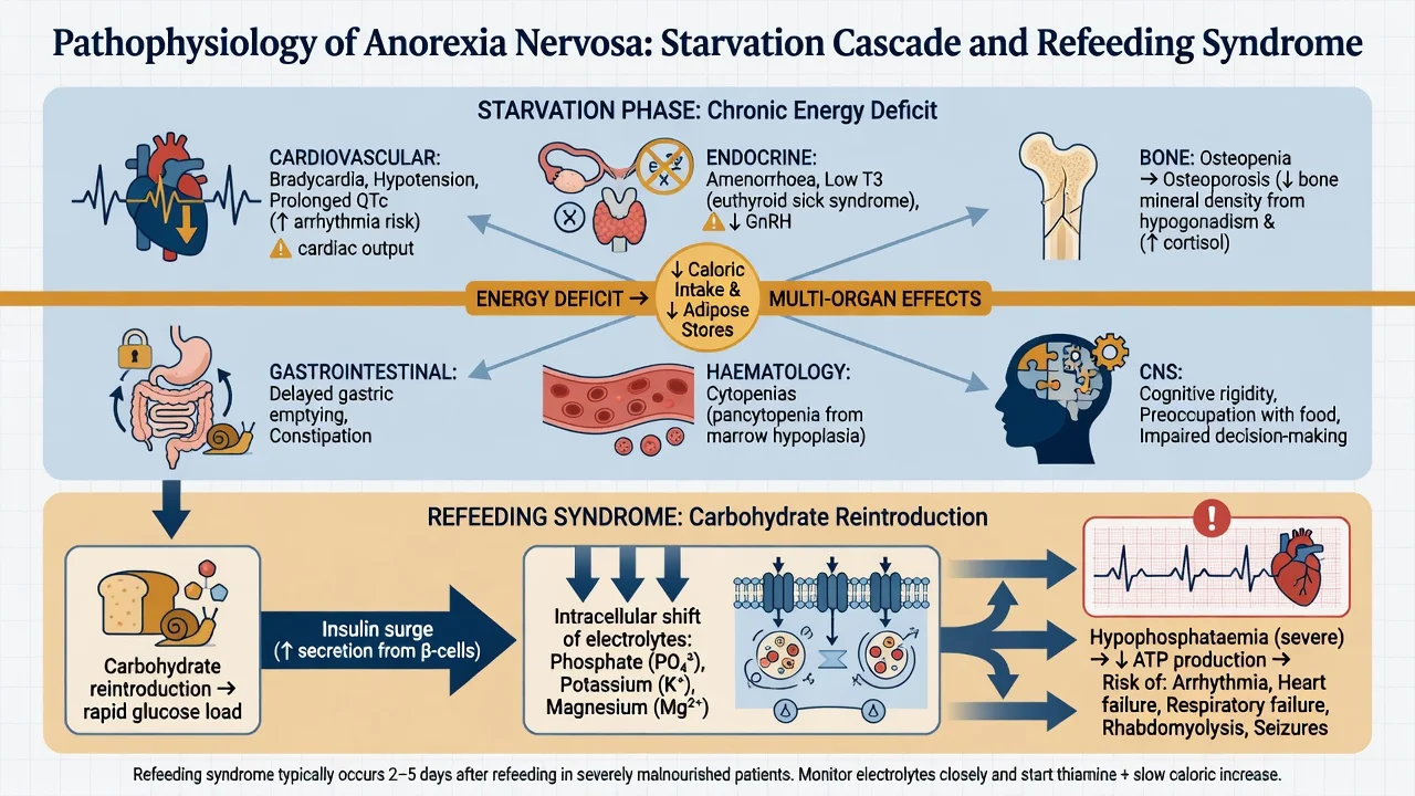 Starvation multi-organ cascade and refeeding syndrome electrolyte shift pathway in anorexia nervosa