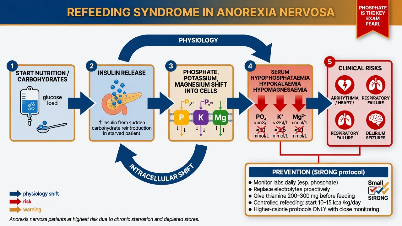 Refeeding syndrome sequence from carbohydrate load through insulin and electrolyte shifts to clinical risks with prevention steps