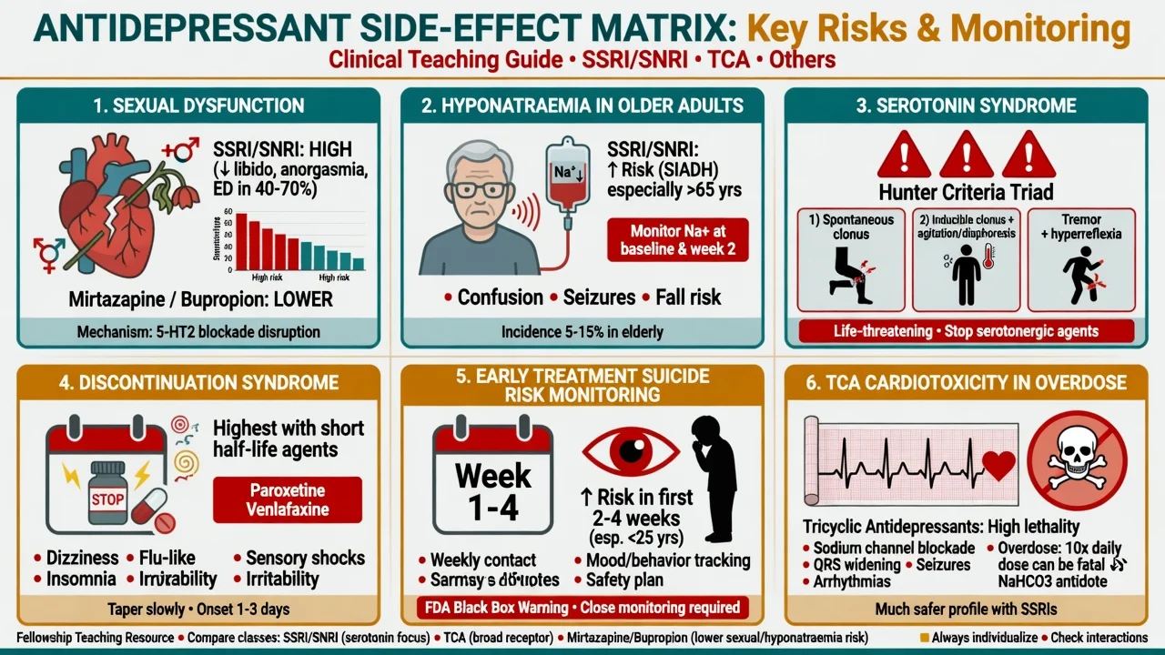 Matrix of major antidepressant adverse effects including sexual dysfunction hyponatraemia serotonin syndrome discontinuation and early suicide risk