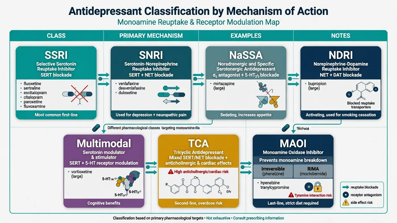 Antidepressant classification map by monoamine mechanism for SSRI SNRI NaSSA NDRI multimodal TCA and MAOI