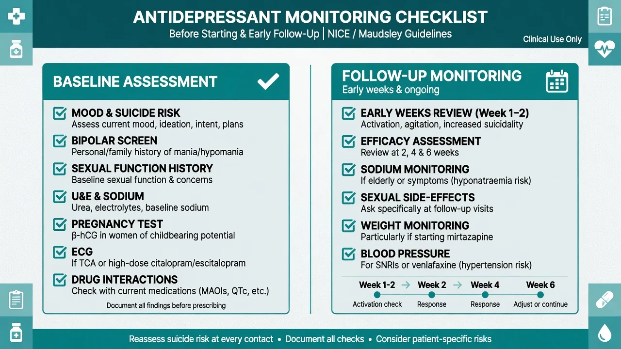 Baseline and follow-up monitoring checklist when prescribing antidepressants