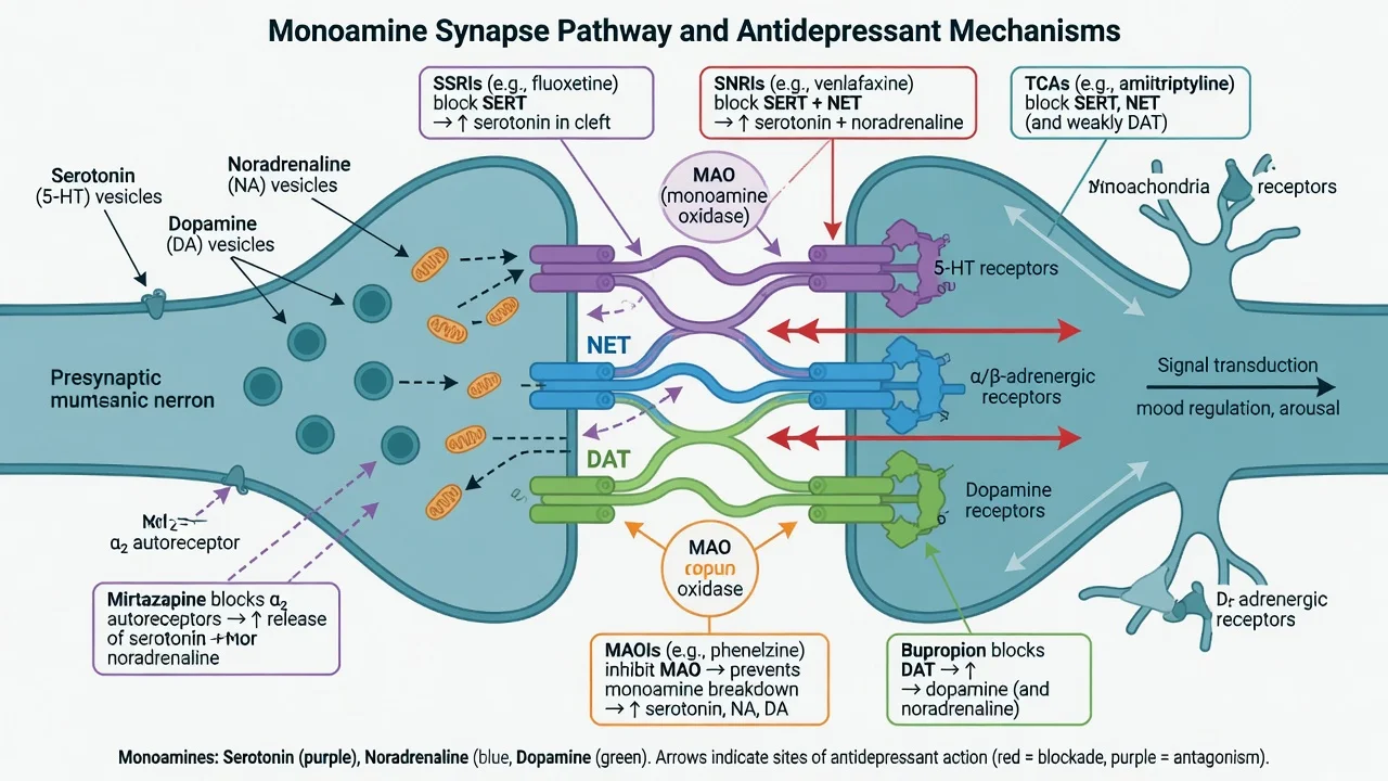Synaptic monoamine pathway diagram showing SERT NET DAT targets and antidepressant class actions