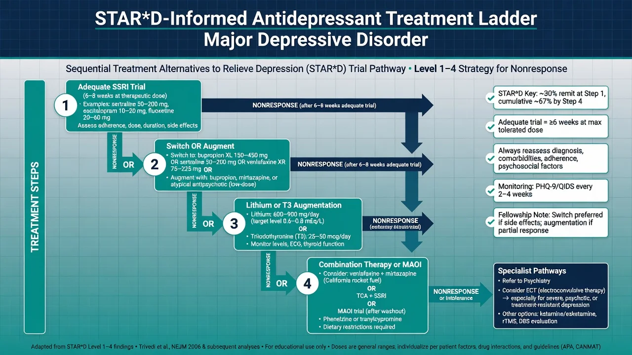 STAR-D informed stepwise antidepressant treatment ladder from first SSRI through switch augmentation lithium T3 and late pathways