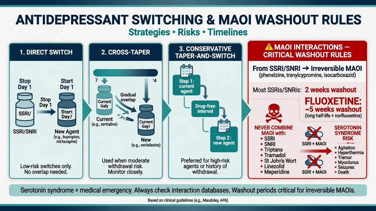 Antidepressant switching strategies and MAOI washout safety rules