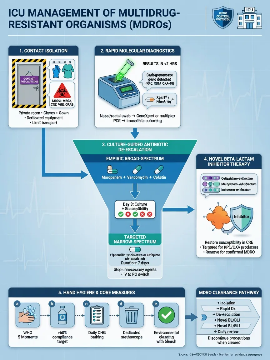 ICU antimicrobial stewardship pathway: empiric broad cover, cultures first when safe, de-escalation, source control, duration by syndrome, TDM for vancomycin and aminoglycosides