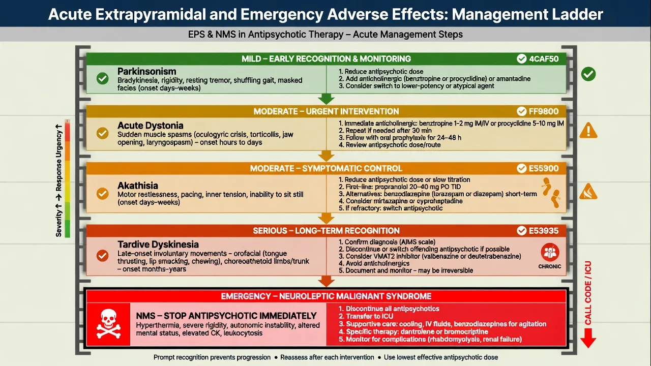 Management ladder for acute dystonia, akathisia, parkinsonism, TD awareness and NMS