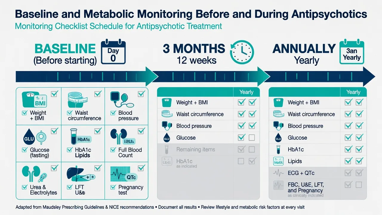 Baseline and follow-up metabolic and safety monitoring checklist for antipsychotics
