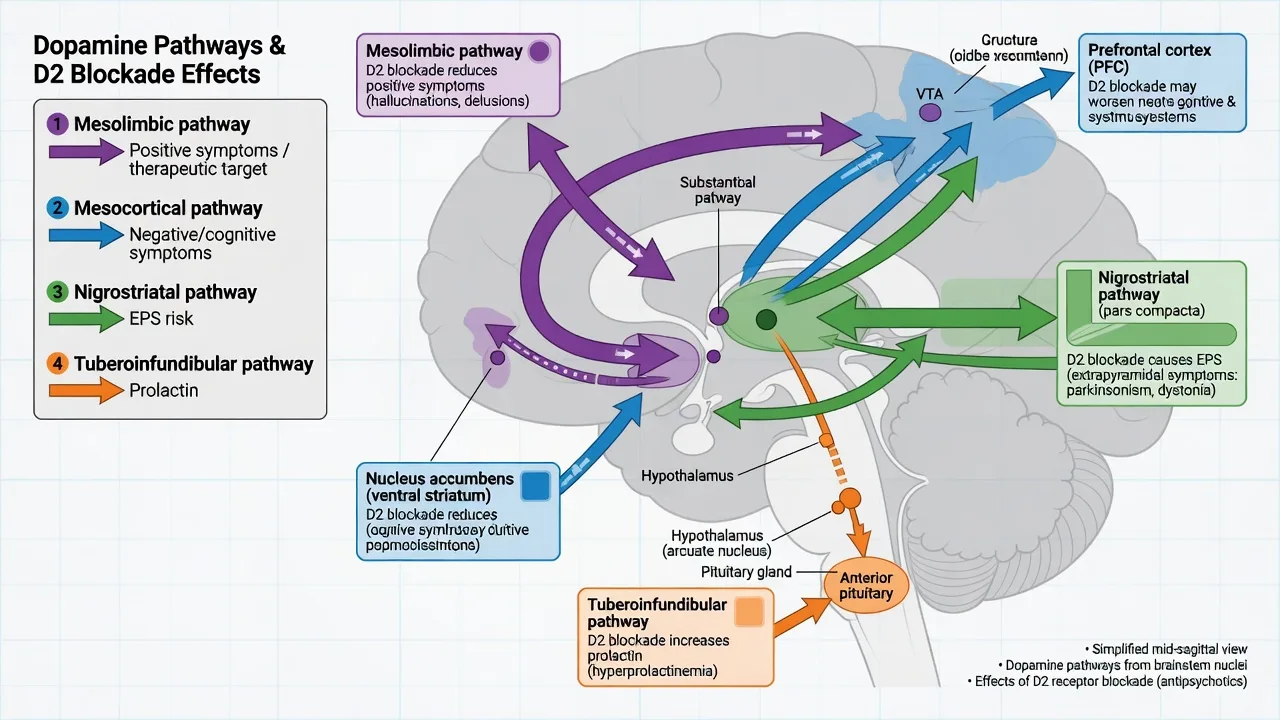 Four dopamine pathways with clinical correlates of D2 blockade