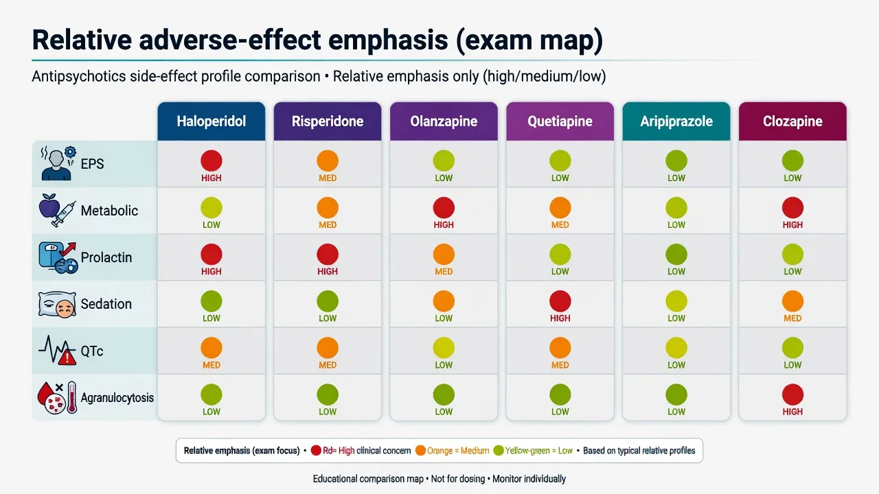Relative adverse-effect emphasis across common antipsychotics