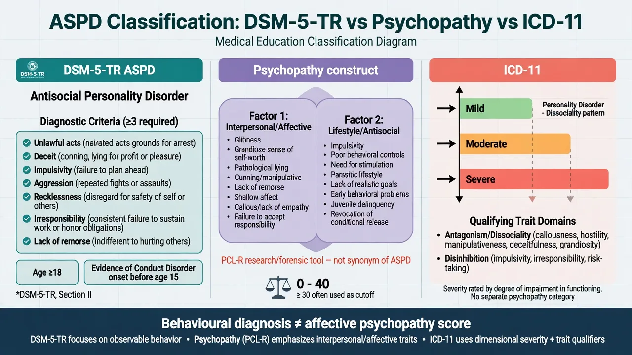 Three-column diagram comparing DSM-5-TR ASPD criteria, psychopathy factor structure, and ICD-11 severity with trait domains