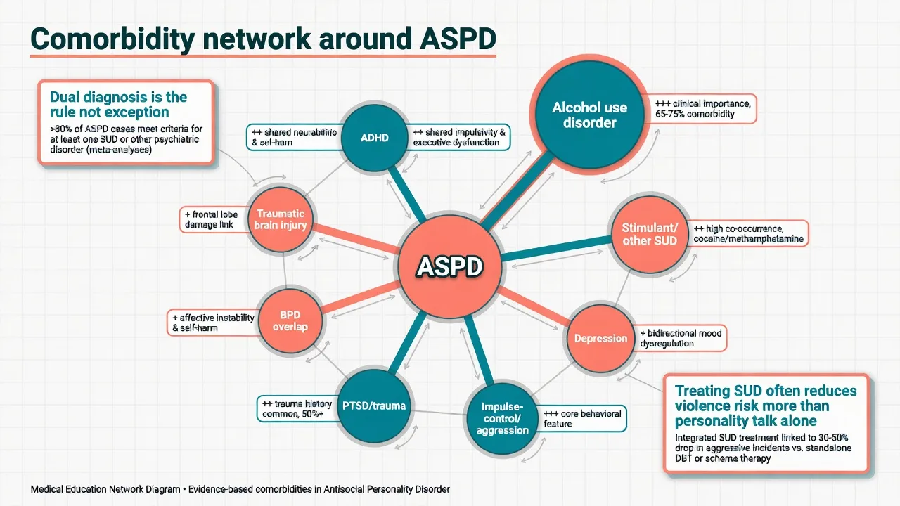 Network diagram of ASPD comorbidity with substance use ADHD depression PTSD BPD and TBI