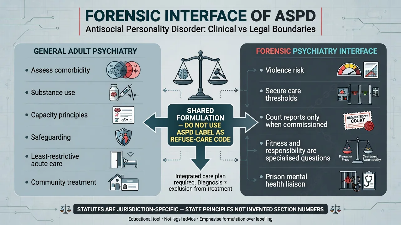 Stepped management ladder for ASPD emphasising engagement, substance treatment, comorbidity care, limited psychological options, multi-agency risk work, and no disease-modifying drug