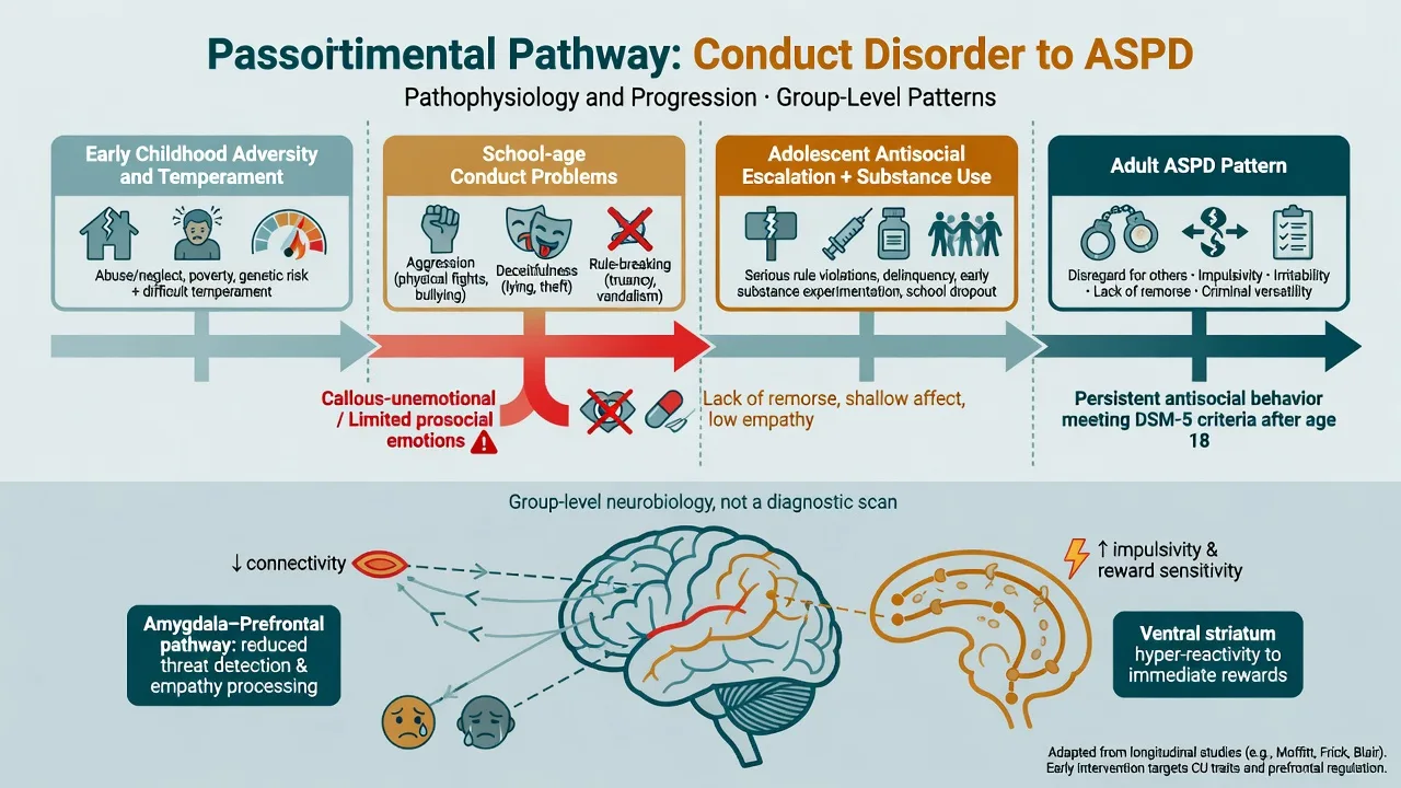 Developmental timeline from childhood adversity and conduct problems through callous-unemotional traits to adult ASPD with neurobiology schematic