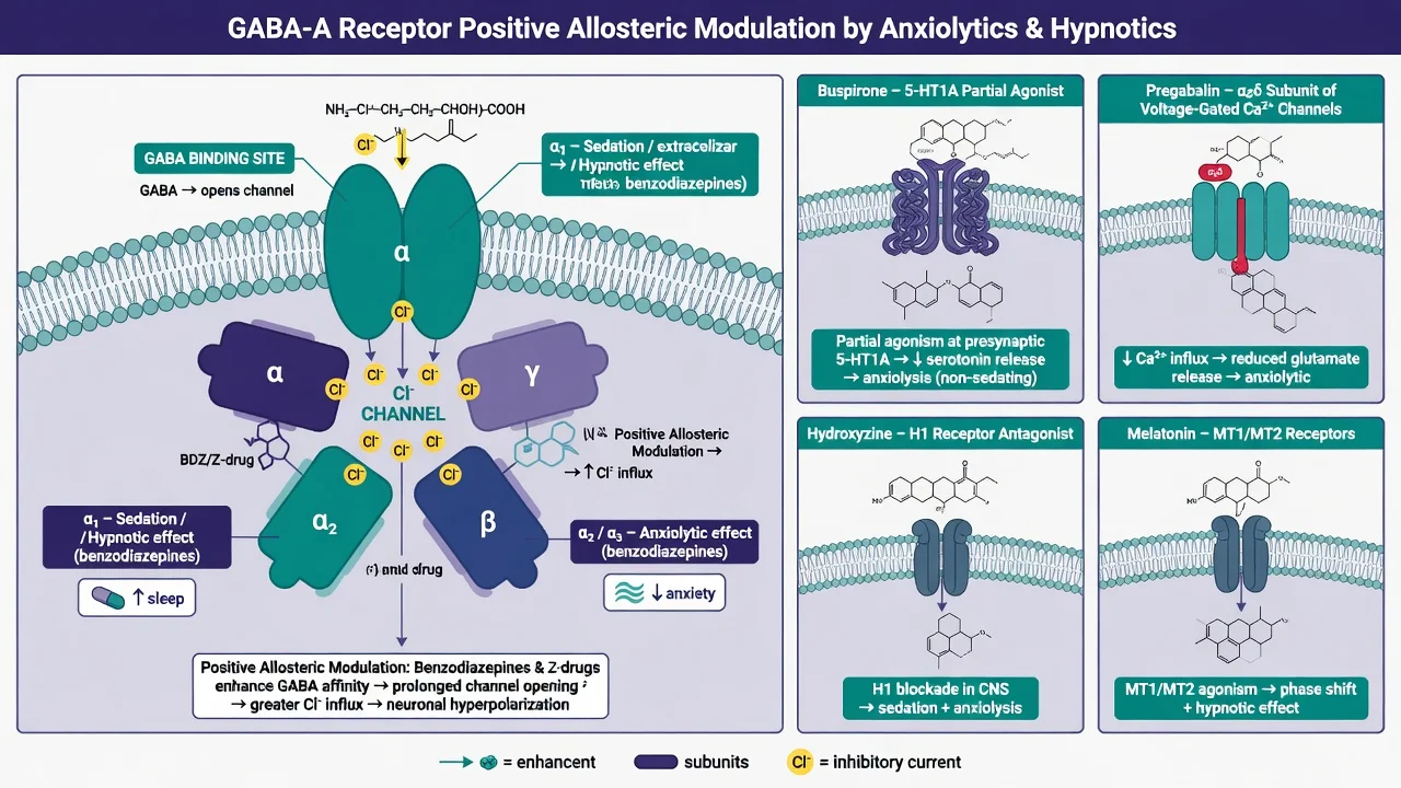 Six-panel classification map of benzodiazepines Z-drugs buspirone pregabalin hydroxyzine and melatonin