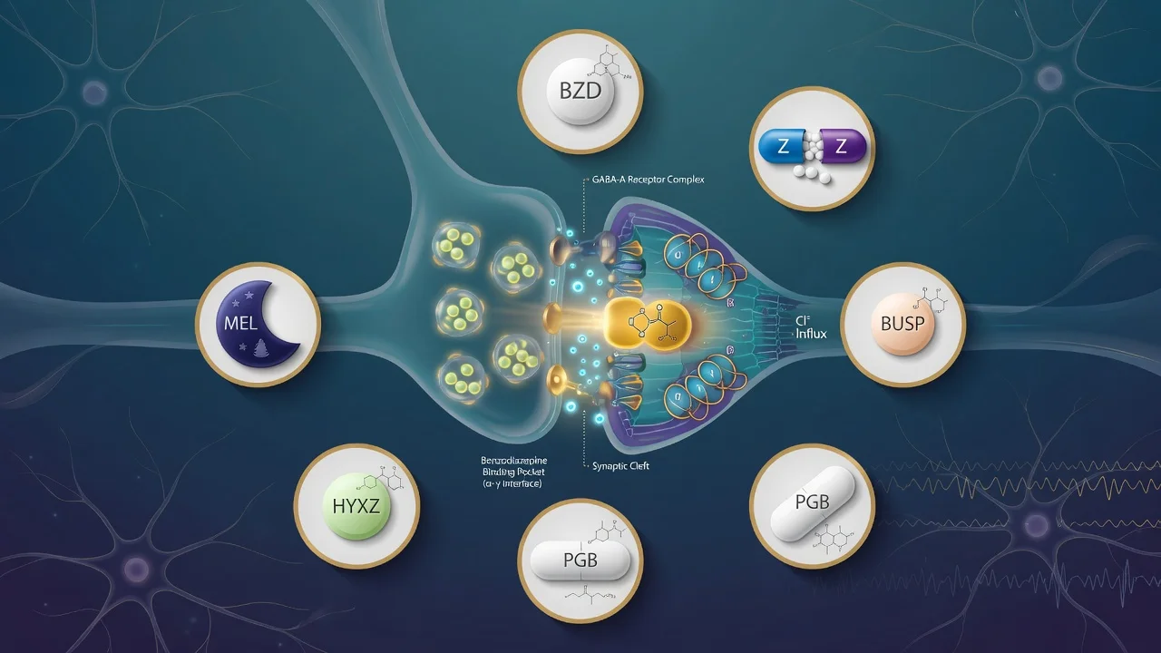 Educational hero illustration of GABA-A synapse and anxiolytic-hypnotic drug classes