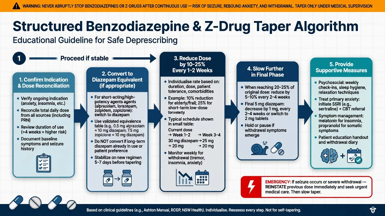 Structured benzodiazepine and Z-drug taper algorithm with diazepam substitution principles