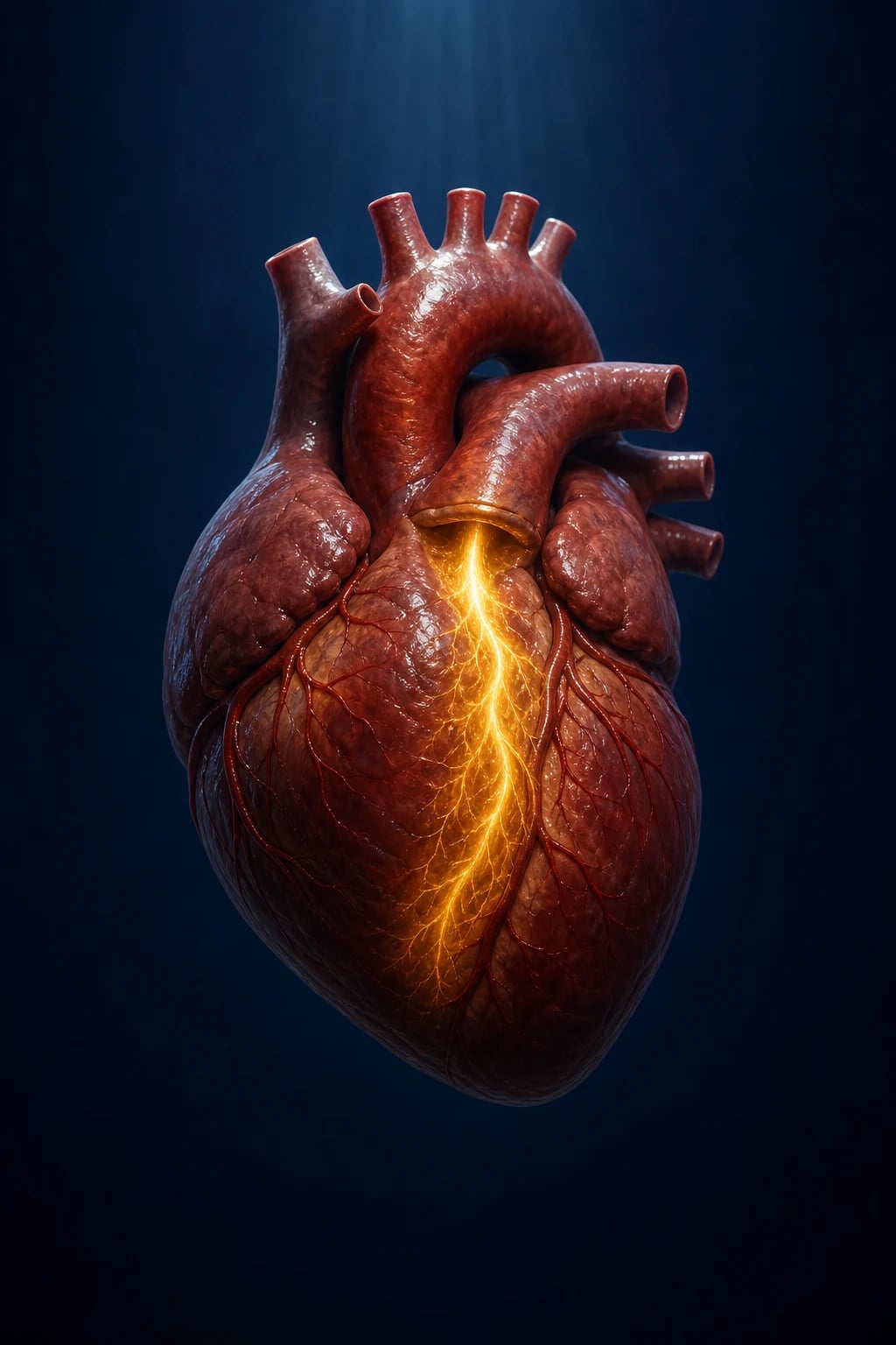 Cinematic cross-section of the aortic valve failing to close in diastole, with a regurgitant jet flowing back into a dilated, eccentrically hypertrophied left ventricle; wide pulse pressure waveform overlay