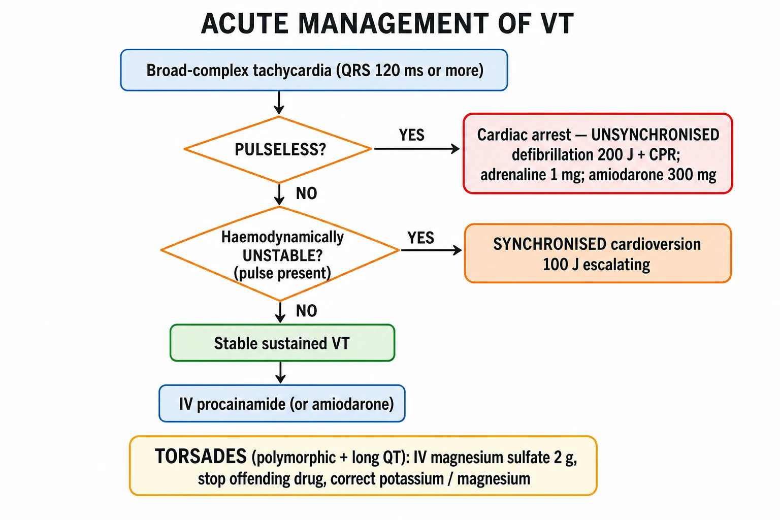 Arrhythmia management pathway: unstable cardioversion or defibrillation, stable rate versus rhythm control, ACLS shockable algorithm — clinical-blue infographic