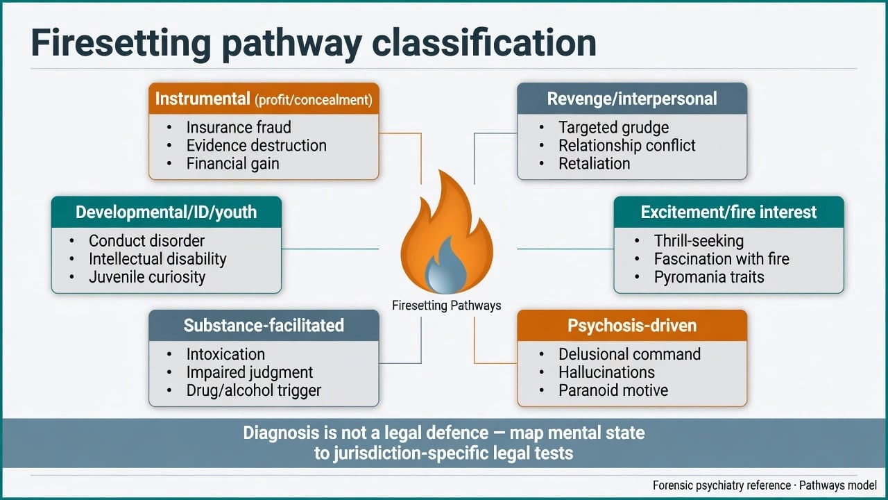 Six examiner pathways to firesetting: instrumental, revenge, excitement, psychosis-driven, substance-facilitated, and developmental ID or youth