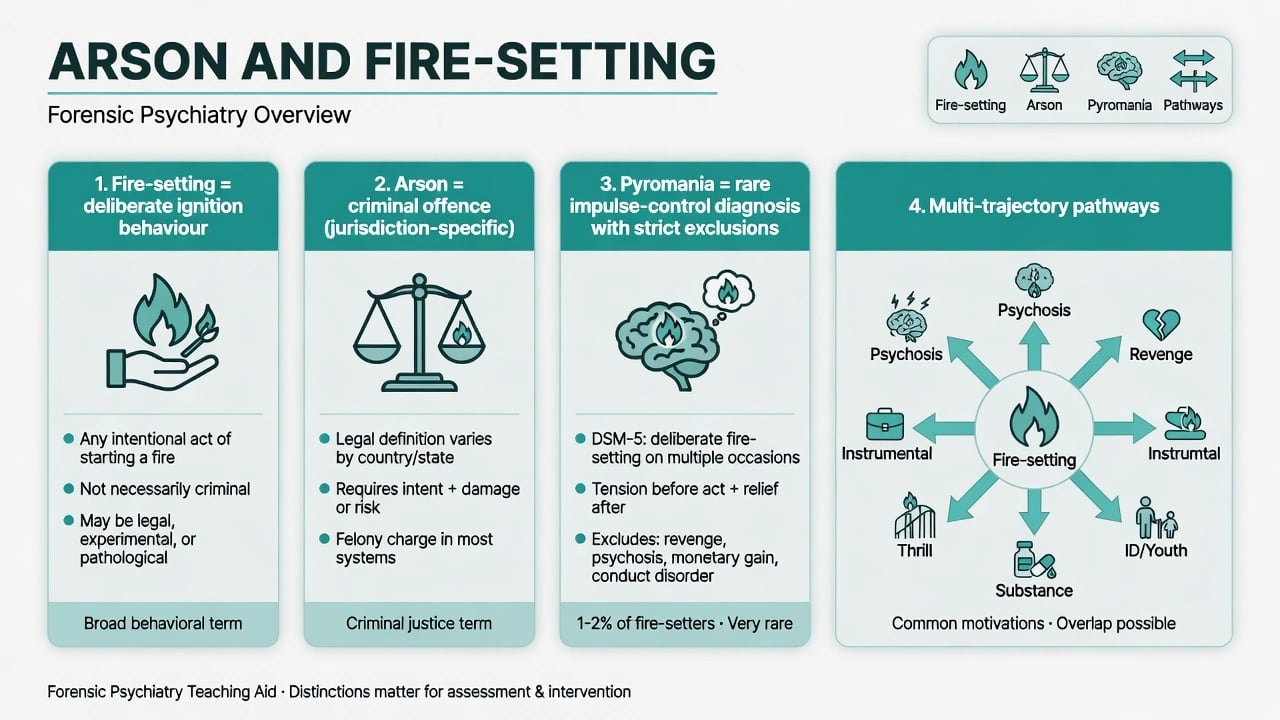 Forensic overview of arson and fire-setting with four pillars: firesetting behaviour, arson as crime, pyromania as rare diagnosis, and multi-trajectory pathways