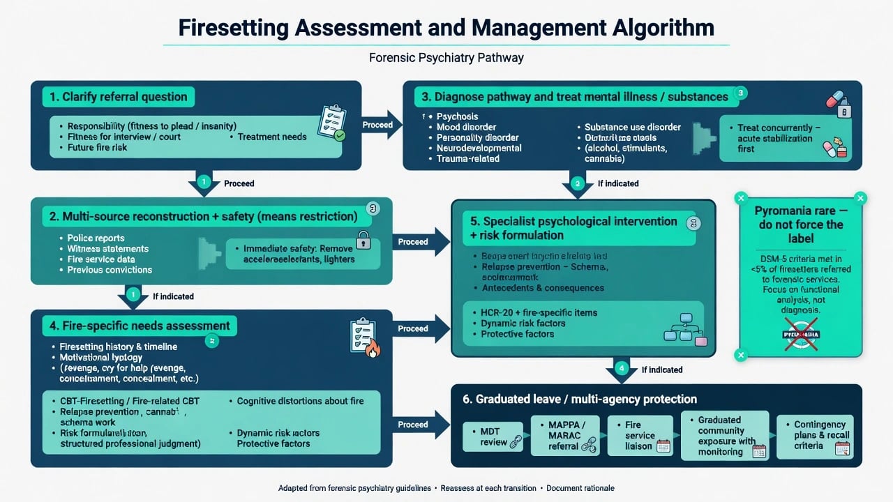 Algorithm from clarifying referral question through multi-source reconstruction, pathway diagnosis, fire-specific needs, specialist treatment, and graduated multi-agency management