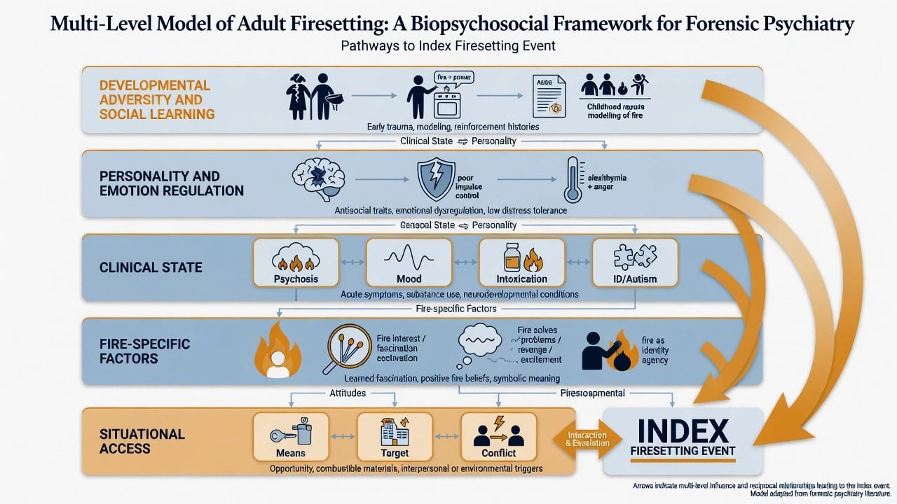 Multi-level model of adult firesetting showing developmental, personality, clinical state, fire-specific, and situational layers leading to index event