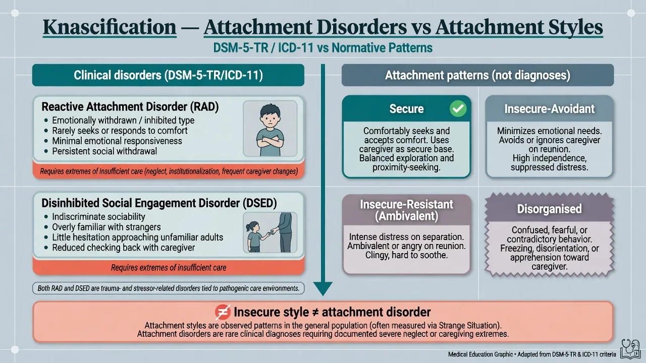 Educational diagram distinguishing clinical attachment disorders RAD and DSED from non-diagnostic attachment styles secure insecure disorganised