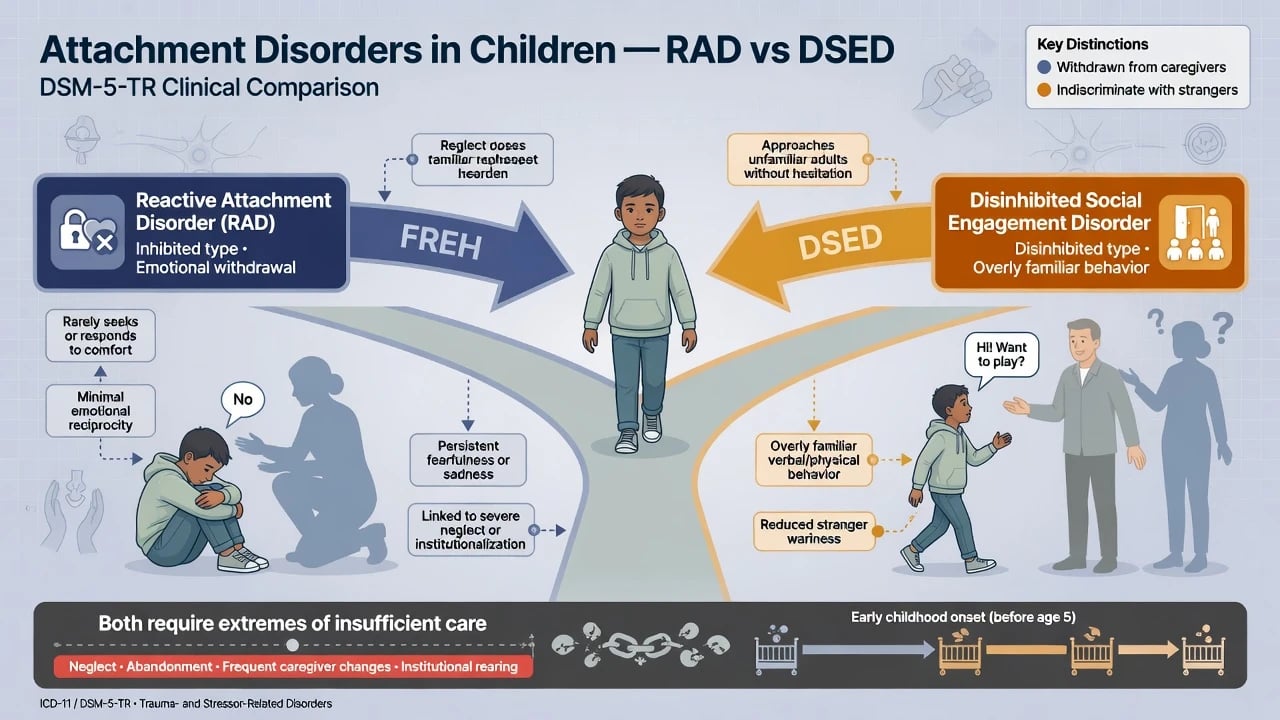 Educational comparison of reactive attachment disorder withdrawn pattern versus disinhibited social engagement disorder overfamiliar stranger approach after insufficient care