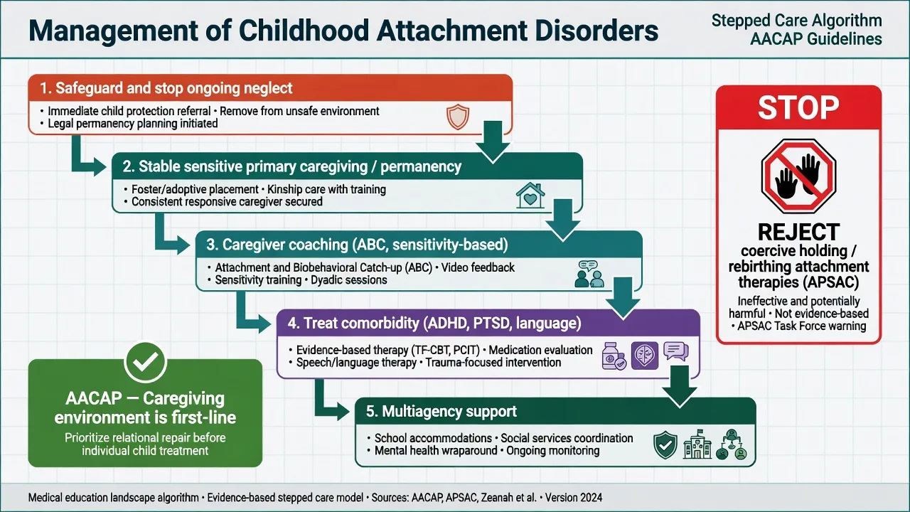 Stepped care algorithm for attachment disorders safeguarding stable caregiving carer coaching comorbidity treatment rejecting coercive therapies